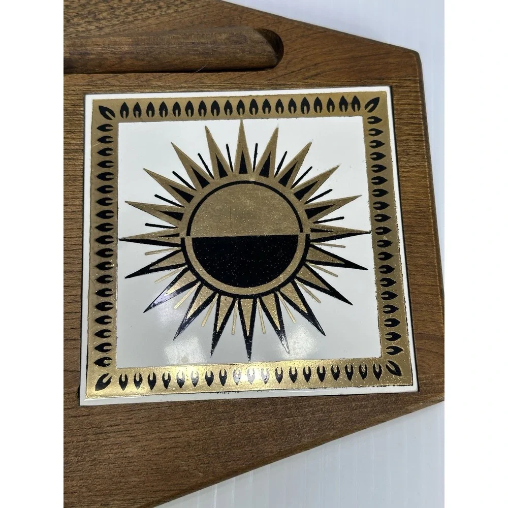Vintage L&M Creative Imports‎ Wood Ceramic Cheese Board Mid Century Design NOS
